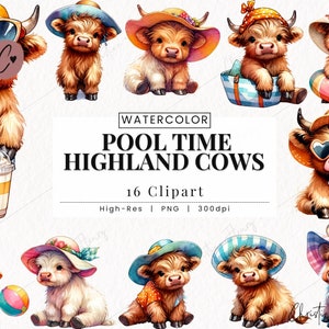 Clipart Highland Cow, zomer PNG, Highland Cow PNG, aquarel dier PNG Instant Download voor commercieel gebruik