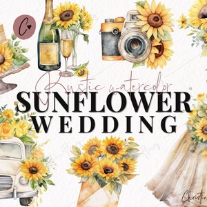 Rustikale Aquarell Sonnenblumen Hochzeit, Aquarell Hochzeit Clipart, Aquarell Sonnenblumen, PNG Sofort-Download für kommerzielle Nutzung