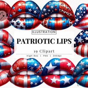 Patriotische Lippen Clipart, 4. Juli PNG, Unabhängigkeitstag PNG, Kuss Lippen PNG Sofortiger Download für kommerzielle Nutzung