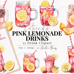 Clipart di bevande alla limonata rosa ad acquerello, Clipart di barattoli di vetro ad acquerello, PNG ad acquerello, Download immediato di PNG per uso commerciale