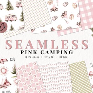 Puede incluir: Una colección de patrones sin costuras con temática de camping rosa. Los diseños incluyen furgonetas rosas, pinos, fogatas y patrones de cuadros rosas. Se muestra el texto "SEAMLESS PINK CAMPING", junto con "10 Patterns | 30.48cm x 30.48cm | 300dpi".