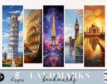 Segnalibri iconici, segnalibri stampabili di Travel Junk Journal, segnalibri da viaggio stampabili, PNG sublimazione di viaggio