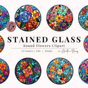 Round Flower Stained Glass Clipart, Stained Glass PNG, Flower Clipart, PNG Instant Download for Commercial Use