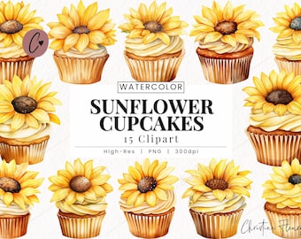 Sunflower Cupcakes Clipart, Birthday PNG, Sunflower Themed Clipart, Farmhouse Sublimation, Cupcake PNG Instant Download for Commercial Use