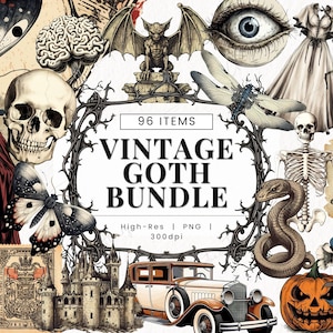 Puede incluir: Una colección de 96 ilustraciones góticas vintage, que incluyen una calavera, una gárgola, un esqueleto, una serpiente, una calabaza, un sombrero de bruja, una mariposa, una libélula, un castillo, un coche y flores. Las ilustraciones son en blanco y negro y tienen un aspecto vintage.