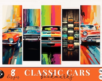 Bladwijzerontwerpen klassieke auto's, afdrukbare bladwijzers voor Vaderdag, bladwijzer voor afdrukbare auto's, papa-sublimatie, png-bestand voor commercieel gebruik