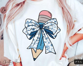 Pencil Chinoiserie PNG, Teacher PNG, French Toile Bow, Chinoiserie Coquette Bow, School Coquette, Teacher Sublimation