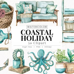 Watercolor Coastal Holiday Clipart, Beach PNG, Watercolor Summer Clipart, Nautical PNG, Holiday PNG Instant Download for Commercial Use