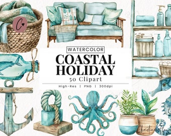 Watercolor Coastal Holiday Clipart, Beach PNG, Watercolor Summer Clipart, Nautical PNG, Holiday PNG Instant Download for Commercial Use