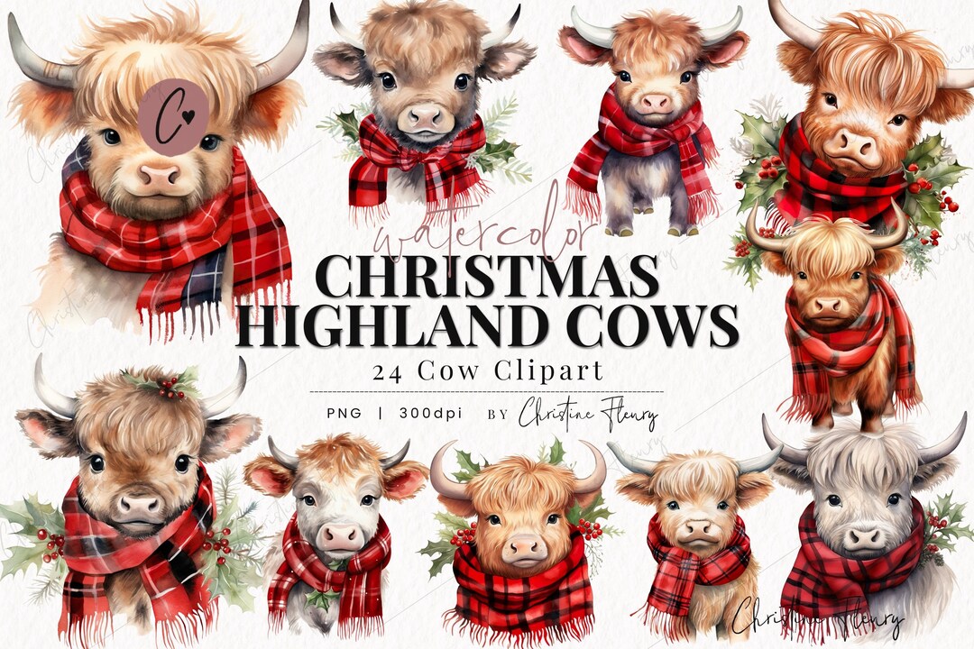 Watercolor Christmas Highland Cow Clipart, Watercolor Animal Clipart ...