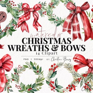 Coronas y lazos navideños en acuarela, imágenes prediseñadas de decoración en acuarela, PNG navideño, descarga instantánea PNG para uso comercial