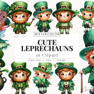 Watercolor Cute Leprechauns Clipart, ST Patrick&#39;s Day Png, Leprechaun PNG, Lucky PNG Instant Download for Commercial Use