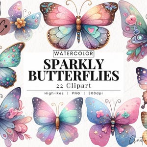 Glitzernder Schmetterling Clipart, Fantasy PNG, Schmetterling PNG, Aquarell Schmetterling Glitter Sofort-Download für kommerzielle Nutzung