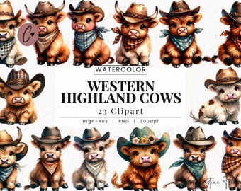 Western Highland Cows Clipart, Cowboy PNG, Western Clipart, Highland Cow PNG Instant Download for Commercial Use