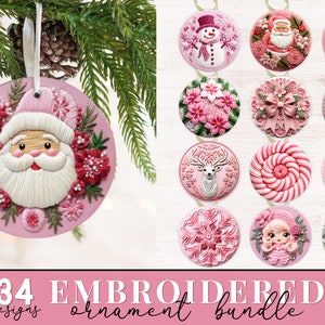 Pacote de sublimação de enfeites de Natal rosa bordados em 3D, sublimação de enfeites em 3D, PNG de sublimação de Natal, download digital de sublimação