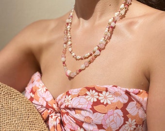 Real White Pearl and Rose Beads Necklace, Delicate Pink Bead Choker, Dainty Freshwater Pearl Necklace, Valentine Day Pretty Jewelry for Her