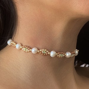 Natural Pearl Choker Necklace Women Evil Eye Beaded Pearl Necklace Green Flower Necklace Trendy Jewelry Colorful Summer Bead Necklace Girl