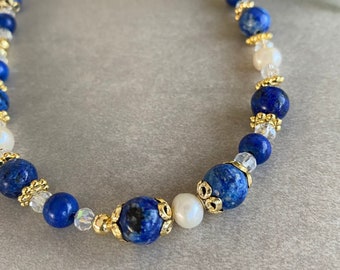 Lapis Lazuli Necklace Blue Gemstone and Pearl Bead Necklace Lapis Lazuli Beaded Necklace Natural Lapis Lazuli Necklace Gift for Mother