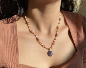 Pretty Navy Blue Agate Stone Pendant Necklace Womens , Rose Freshwater Pearl and Pink Quartz Necklace ,Cute Boho Jewelry Woman, Gİft for Mom