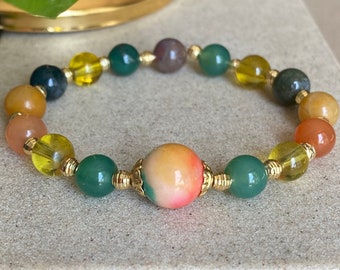 Rainbow Agate Stretch Bracelet, Green Orange Gemstone, Unisex Jewelry