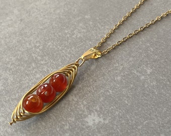 Carnelian Necklace Women Healing Crystal Necklace Wife Orange Agate Pea Pod Pendant Wire Wrapped Crystal Necklace Valentine Day Gift Her