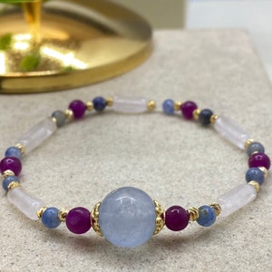 12mm Aqua Chalcedony Design Bracelet for Women Cylinder Rose Quartz & Sodalite Combination Bracelet Stretch Bracelet Unique Gem Bracelet Her