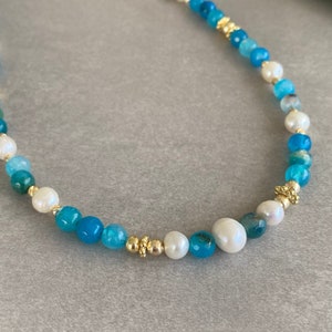 Aquamarin Perlenkette Aquamarin und Perlenkette Blaue Edelsteinkette Aquamarin Perlenkette Gifr für Mutter & Tochter