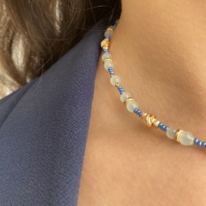 Blue Quartz and Beads Necklace Women,Blue Color Bead Necklace, Gold Filled Choker, Special Day Gifts,Gift for Mom,Gemstone Necklace Her