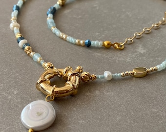 Freshwater Pearl Toggle Pendant Necklace Women 4mm Blue Quartz Necklace Her White Unique Pearl Bead Necklace Beach Beaded Pearl Necklace Mom
