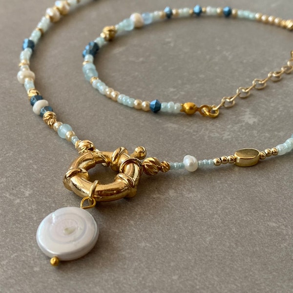 Perle d'eau douce Toggle Pendentif Collier Femmes 4mm Bleu Quartz Collier Son Blanc Unique Perle Perle Collier Plage Perlé Perle Collier Maman