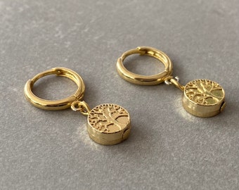 Small Tree of Life Earrings Gold Minimal Tree Earring 14k Gold Filled Huggie Hoop Earring Family Tree Hoop Earrings Gift for Daughter&Mother