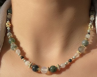 Women Anti Stress Natural Moss Agate Crystal Necklace Positive Energy Crystal Quartz Beaded Necklace Balance Calming Moonstone Necklace Men