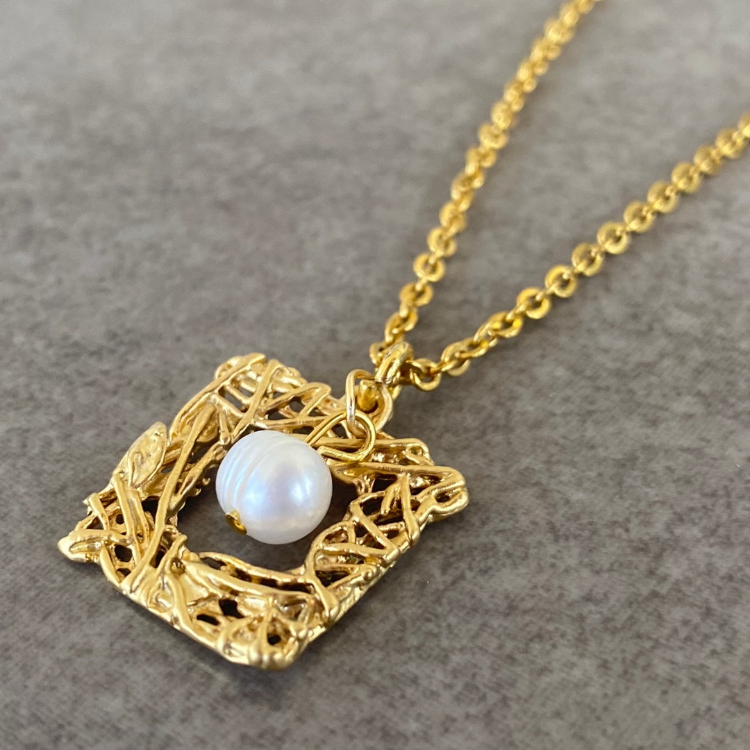 18K Gold Square Necklace Square Pearl Necklace Gold Filled Etsy