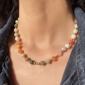 Elegant Rainbow Agate Necklace Women and Gray Agate Beaded Necklace Women and Cute Orange Quartz Necklace and Summer Bead Necklace