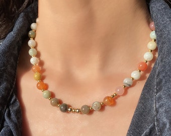 Rainbow Agate Beaded Necklace, Gold Plated Accent