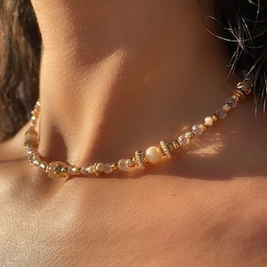 Freshwater Pearl Choker, Gemstone Beaded Necklace, Anniversary Day, Transparent Stone Crystal Necklace,  14K Gold Filled Bead Pendantt