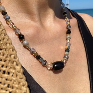 Natural 12 mm Onyx Necklace Men, Protection Strength Happiness Necklace Women, Black Gemstone Long Necklace Unisex, Birthday Gift for Her