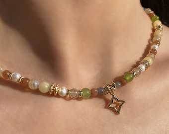 Star Pendant Gemstone Beaded Necklace Women, Freshwater Pearl, Sunstone , Calcite , Citrine , Green Quartz, Blue Agate Stone, Boho Necklace