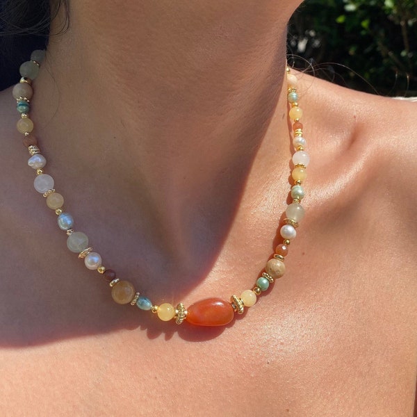 Many Color Gemstone Beaded Necklace Women and Agate Bead Necklace and Quartz Crystal Necklace and Mother Day Gift and Summer Necklace Him