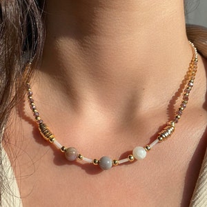 Agate Beaded Necklace, Genuine  Gemstone Agate Necklace, Anniversary Gift for Mom, Handmade Agate Crystal Pendant, Gold Beaded Choker