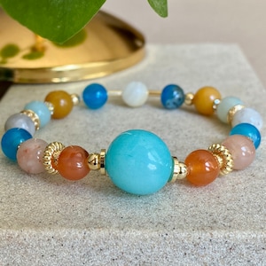 Natural 12 mm Aquamarine Bracelet Women Summer Gemstone Bead Bracelet Her Rainbow Stackable Bracelet  Healing Crystal Bracelet Gift For Mom