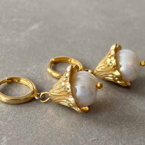 18k Gold Pearl Hoop Earrings Gold Elegant Pearl Hoop Earrings Large Pearl Minimalist Earrings Dainty Pearl Hoop Dangling Earrings Christmas