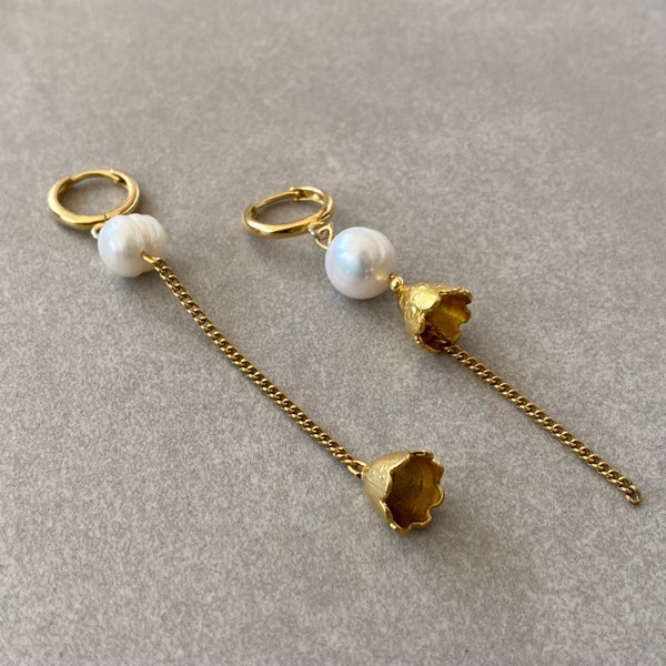 Gorgeous Pearl Dangle Earring Elegant Gold Chain Earrings 9mm Pearl Hoop Earrings Christmas Gift for Daughter Design Large Pearl Earring Her