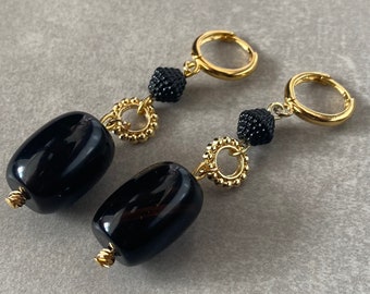 Elegant Black Onyx Earrings Women Natural Dangle Hoop Earrings Chic Gemstone Long Huggie Earrings Large Classy Earrings Stylish Gift Mother