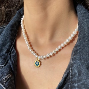 Blue Evil Eye Pearl Necklace Women and Cute Pearl Necklace Women and Flower Evil Eye Pendant Necklace and Pretty Freshwater Pearl Necklace