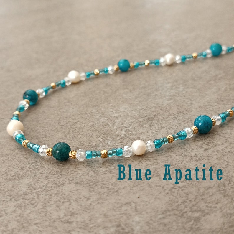 Pretty Green Quartz Necklace Womens and Freshwater Pearl Necklace Womens and Green Beaded Necklace Women and Cute Beach Necklace Women Blue Apatite