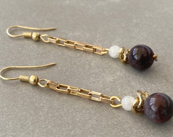 8mm Brown Agate Dangle Earrings for Women Long Gold Earring Her Statement Chain Gemstone Earring Stylish Gem Earrings Gift idea for Coworker