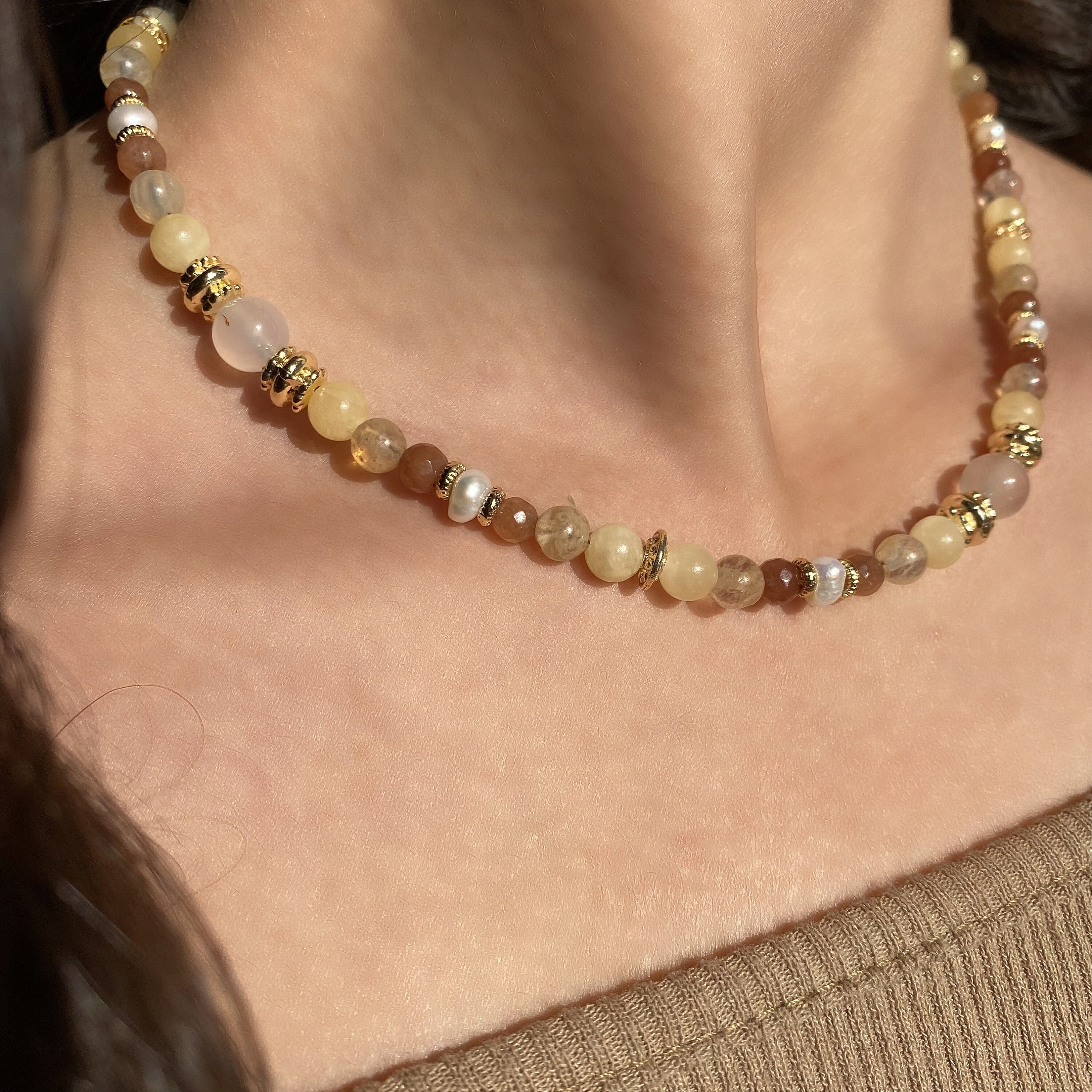 Sunstone Pearl Choker, Citrine Calcite Gemstone Necklace