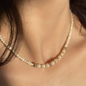 Delicate Freshwater Pearl Necklace Women and Real Pearl Necklace Women and Dainty Pearl Bead Necklace Women and Gold Plated Beaded Necklace