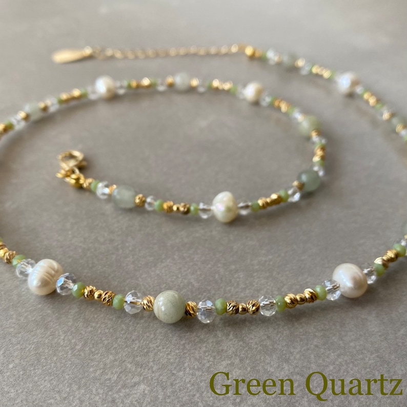 Pretty Green Quartz Necklace Womens and Freshwater Pearl Necklace Womens and Green Beaded Necklace Women and Cute Beach Necklace Women image 4